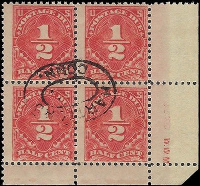c1925 -#J68 1/2c Postage Due Corner Block of 4 -Canceled But MNH, Undisturbed OG