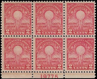 c1929 - 654 Edison's Electric Light Issue Plate Block of 6, MNH, Undisturbed OG