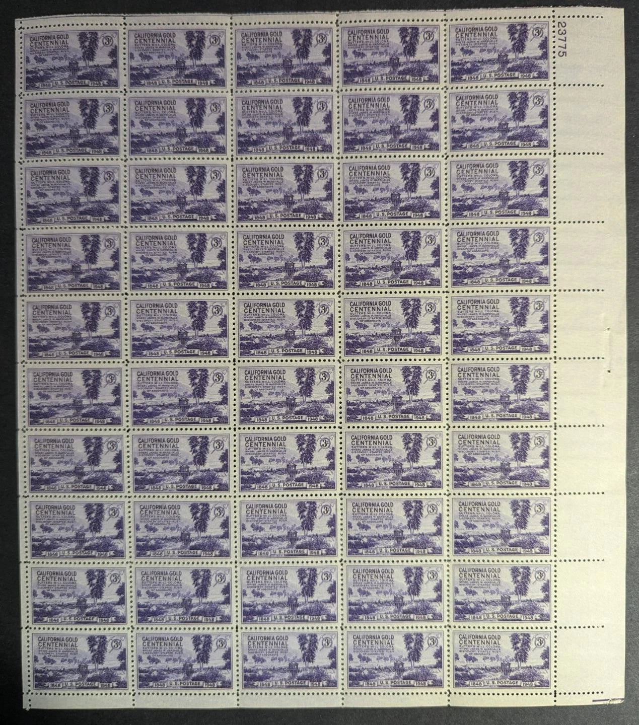 1948 USA CA Gold 3c Sheet -Scott 954 -MNH, Undisturbed OG - 6 Pulled Perfs -READ