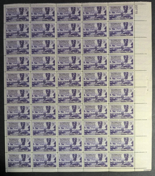 1948 USA CA Gold 3c Sheet -Scott 954 -MNH, Undisturbed OG - 6 Pulled Perfs -READ