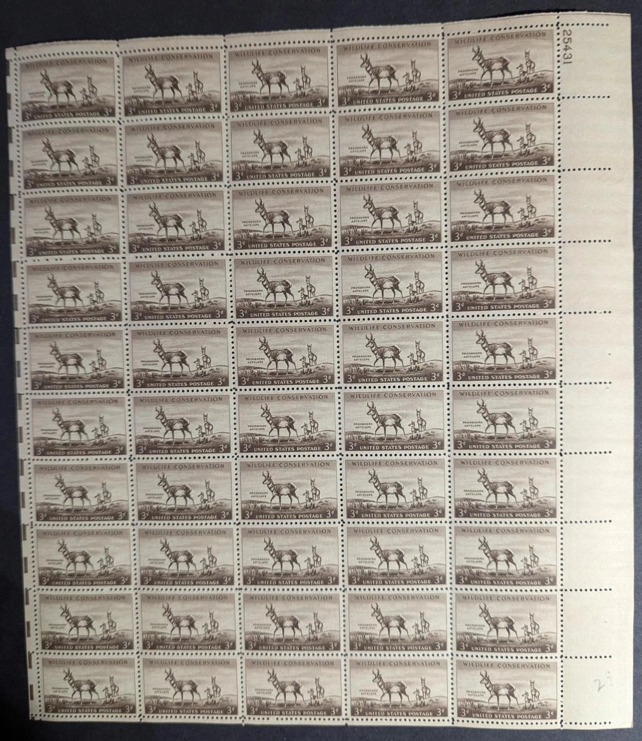 1956 USA 3c Wildlife Sheet -Scott 1078 -MNH, Undisturbed OG - # In Margin