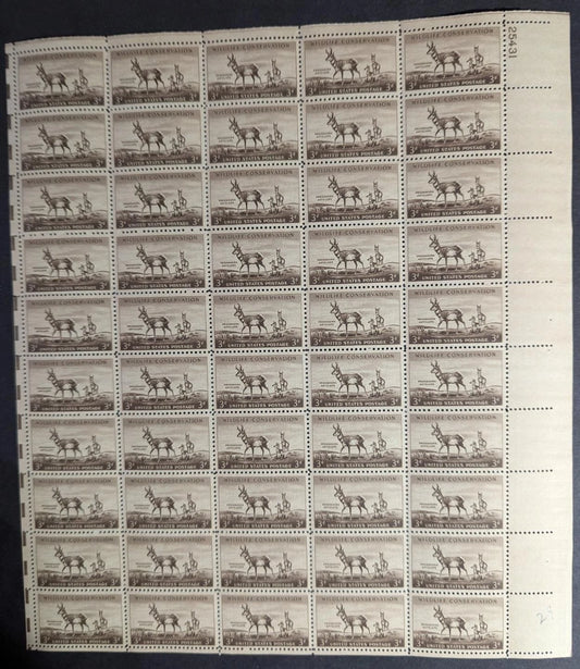 1956 USA 3c Wildlife Sheet -Scott 1078 -MNH, Undisturbed OG - # In Margin