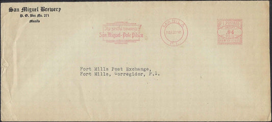 1941 San Miguel Pale Pilsen Meter Cover to Fort Mills Corregidor
