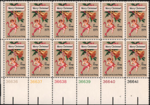 1975 Christmas Card by Louis Prang Plate Block Of 12-10c Stamps, Scott 1580, MNH