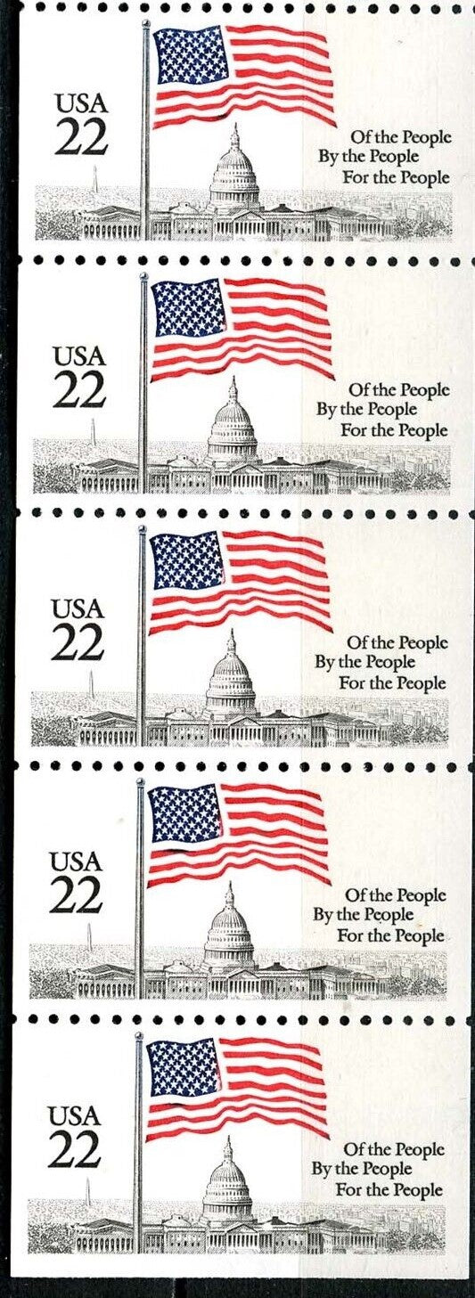 1985 Flag Over Capitol Dome, Pane of 5 22c Postage Stamps, Scott 2116, MNH, OG