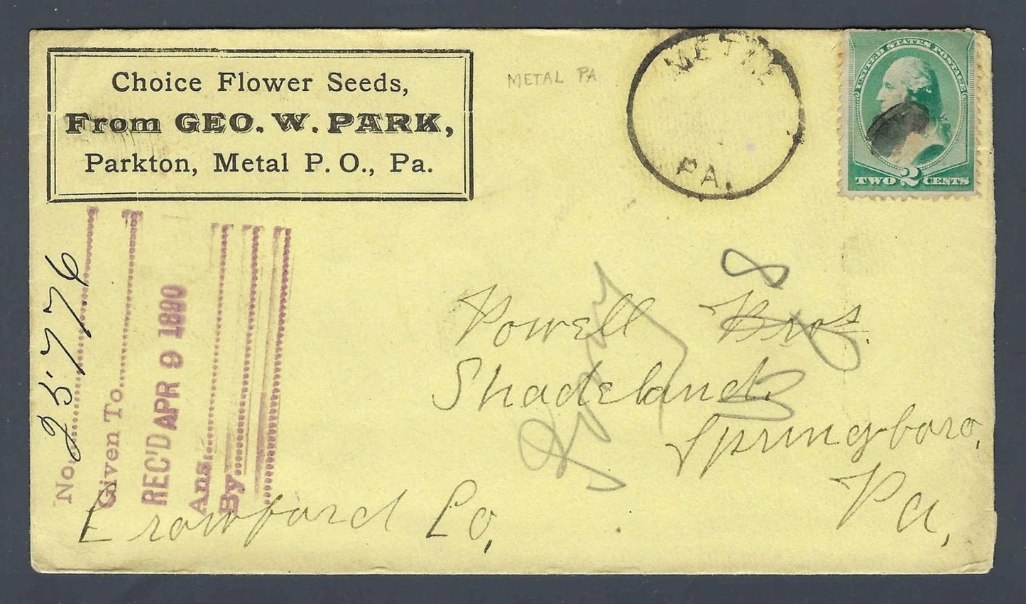 1890 Geo. W. Park Seed Company Advertising Cover Metal PA to Springboro PA