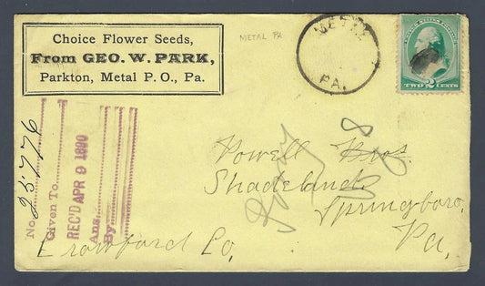 1890 Geo. W. Park Seed Company Advertising Cover Metal PA to Springboro PA