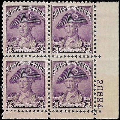 c1932 - #708 3c Washington Issue Plate Block of 4, MH, OG