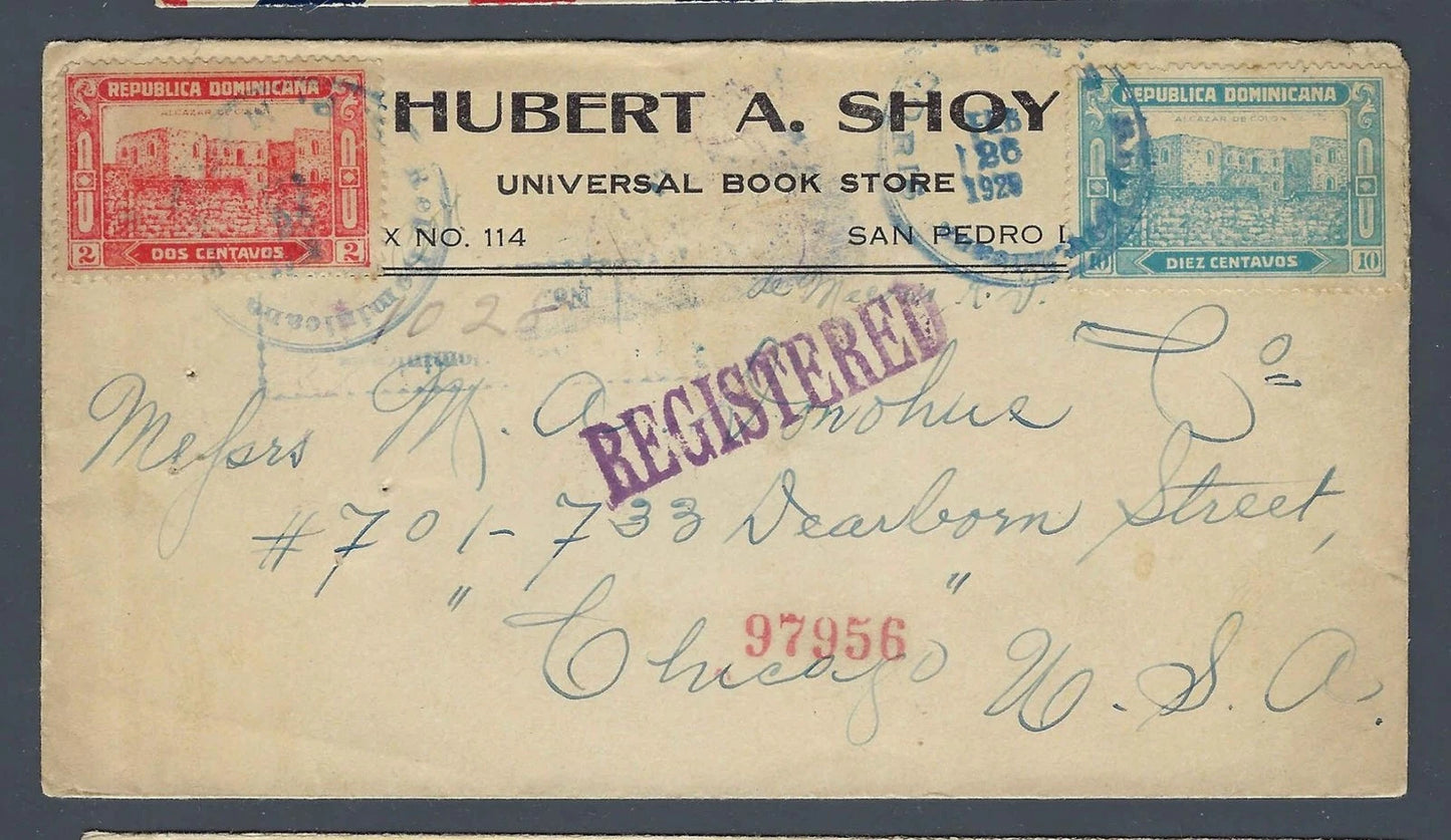 1929 Dominican Republic Registered Cover Bookstore San Pedro Macoris Chicago