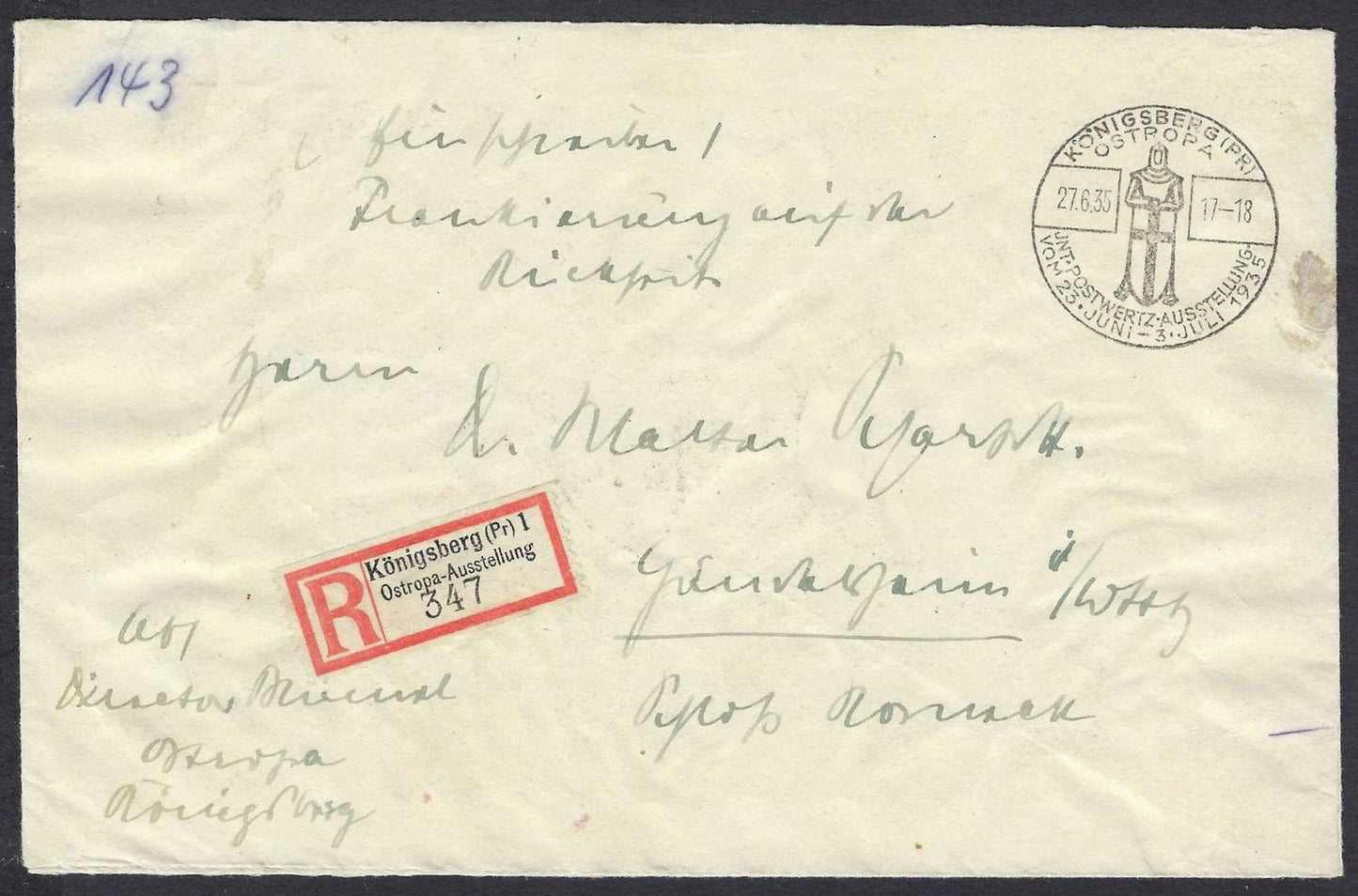 1935 Germany B68 OSTROPA Souvenir Sheet Tied on Registered Cover