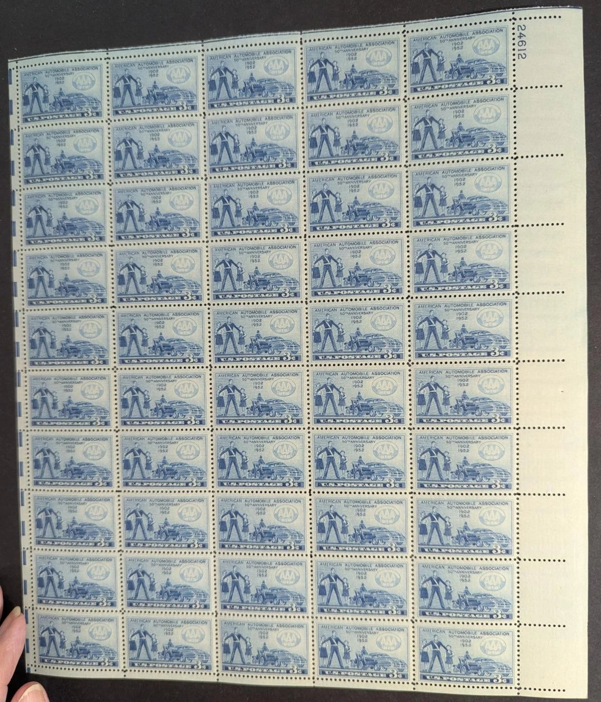 1952 USA Automobile 3c Sheet -Scott 1007 -MNH, Undisturbed OG - No Sig Flaws