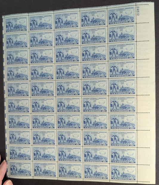 1952 USA Automobile 3c Sheet -Scott 1007 -MNH, Undisturbed OG - No Sig Flaws