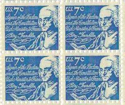 1970 Benjamin Franklin Block of 4 7c Postage Stamps, Scott 1393d, MNH, OG