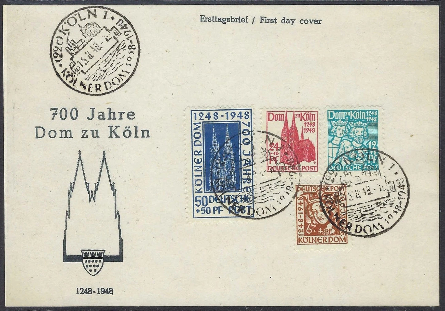 1948 Germany Bizone Cologne Cathedral First Day Card – Scott B298–B301