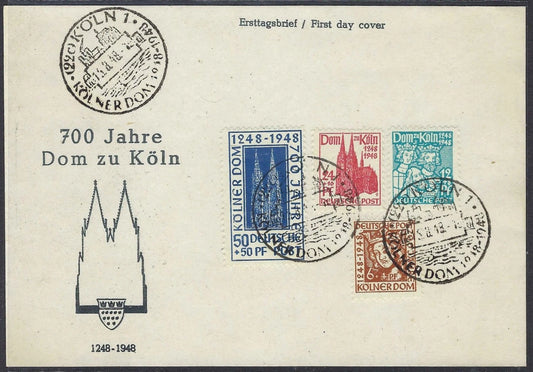 1948 Germany Bizone Cologne Cathedral First Day Card – Scott B298–B301