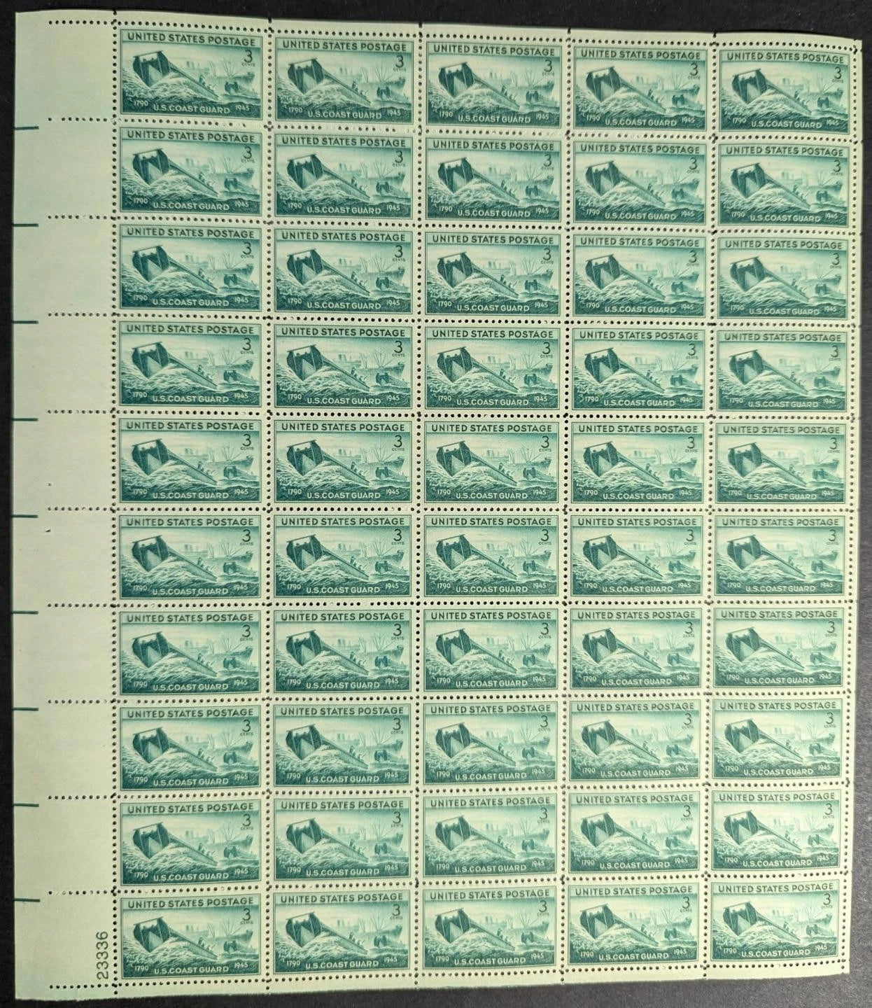 1945 USA US Coast Guard 3c Sheet -Scott 936 -MNH, Undisturbed OG -No Sig Flaws