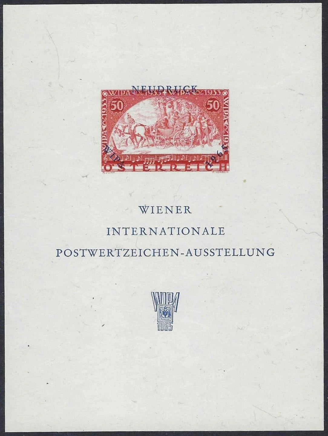 1965 Austria WIPA 1965 Neudruck Souvenir Sheet – 50g 1933 Design – MNH