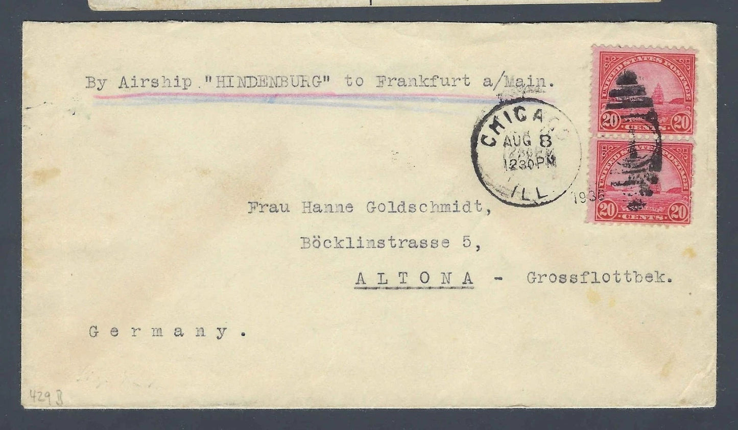 1936 Hindenburg Airship Cover Chicago to Germany 40c Golden Gate Pair