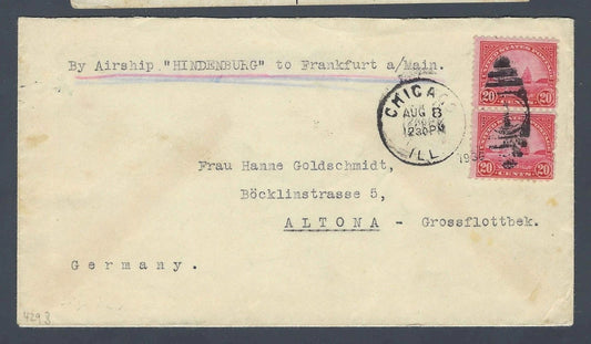 1936 Hindenburg Airship Cover Chicago to Germany 40c Golden Gate Pair
