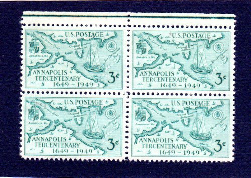 1949 1718 Map of Annapolis, Block of 4 3c Postage Stamps, Scott984, MNH, OG