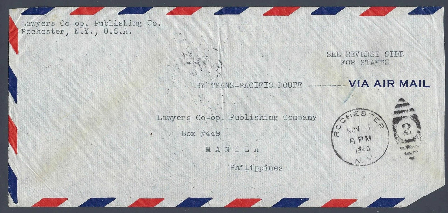 1940 Trans-Pacific Airmail Cover Rochester Manila C22 Pair Reverse Franking