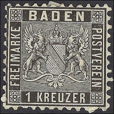 c1862 Baden, Germany 1kr - Scott 15 - MH - Cat= $65!