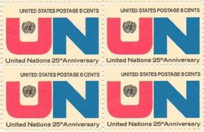 1970 United Nations 25th Anniv. Block of 4 6 Postage Stamps, Scott 1419, MNH, OG
