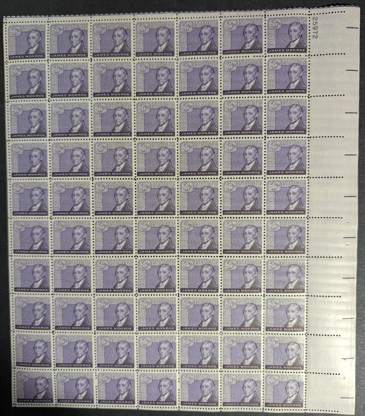 1958 USA 3c James Monroe Sheet -Scott 1105 -MNH, Undisturbed OG -No Sig Flaws