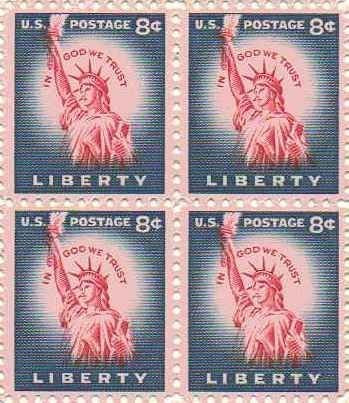 1954-68 Statue of Liberty Block of 4 8c Post Stamps, Scott 1041 (or 1041B) MNH, OG