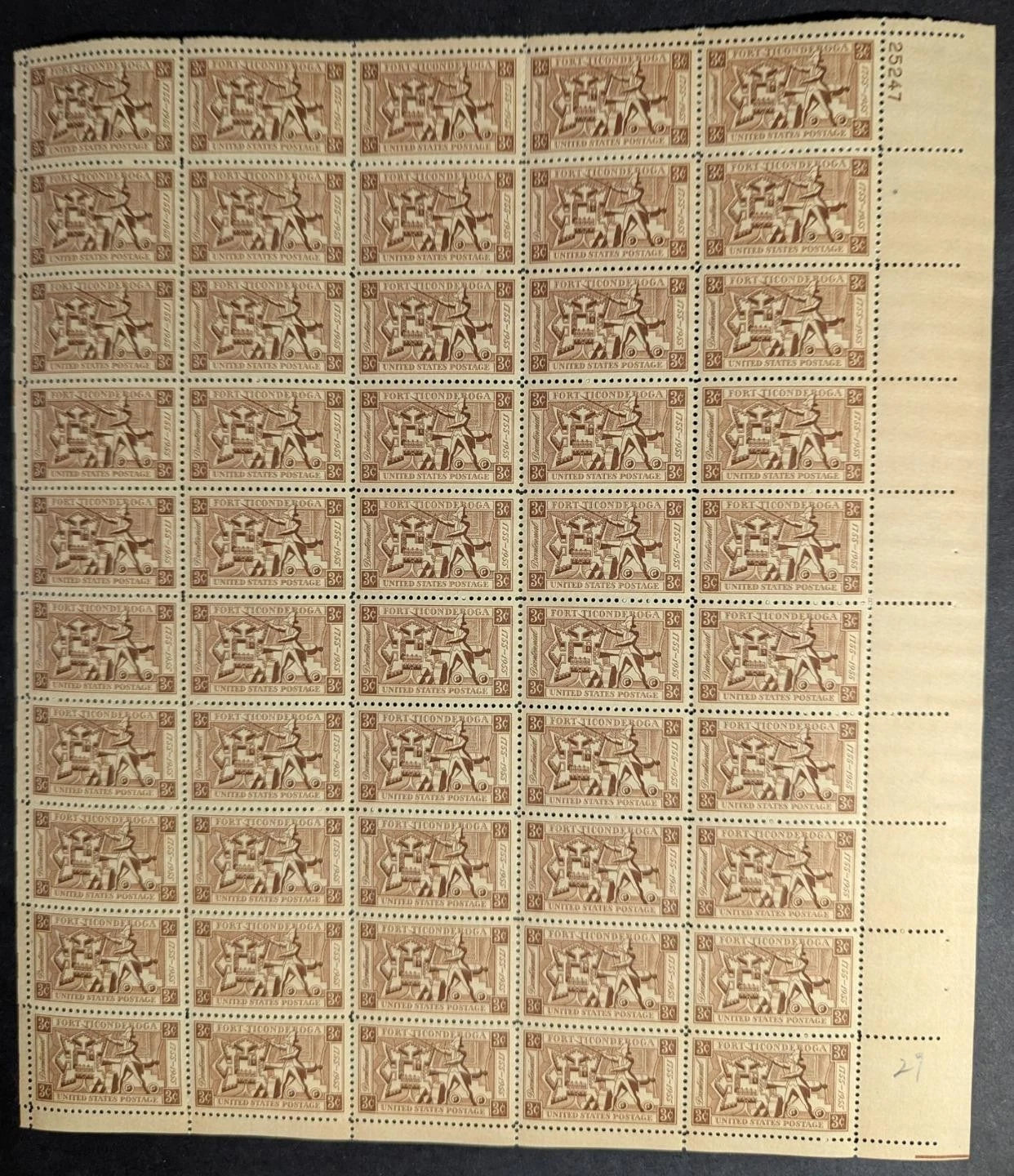 1955 USA 3c Ticonderoga Sheet -Scott 1071 -MNH, Undisturbed OG - No Sig Flaws
