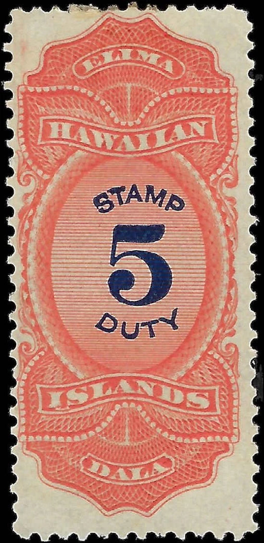 Hawaii 5 Dala Stamp Duty Revenue Scott R4 — Perforated, OG, Unusual Separation