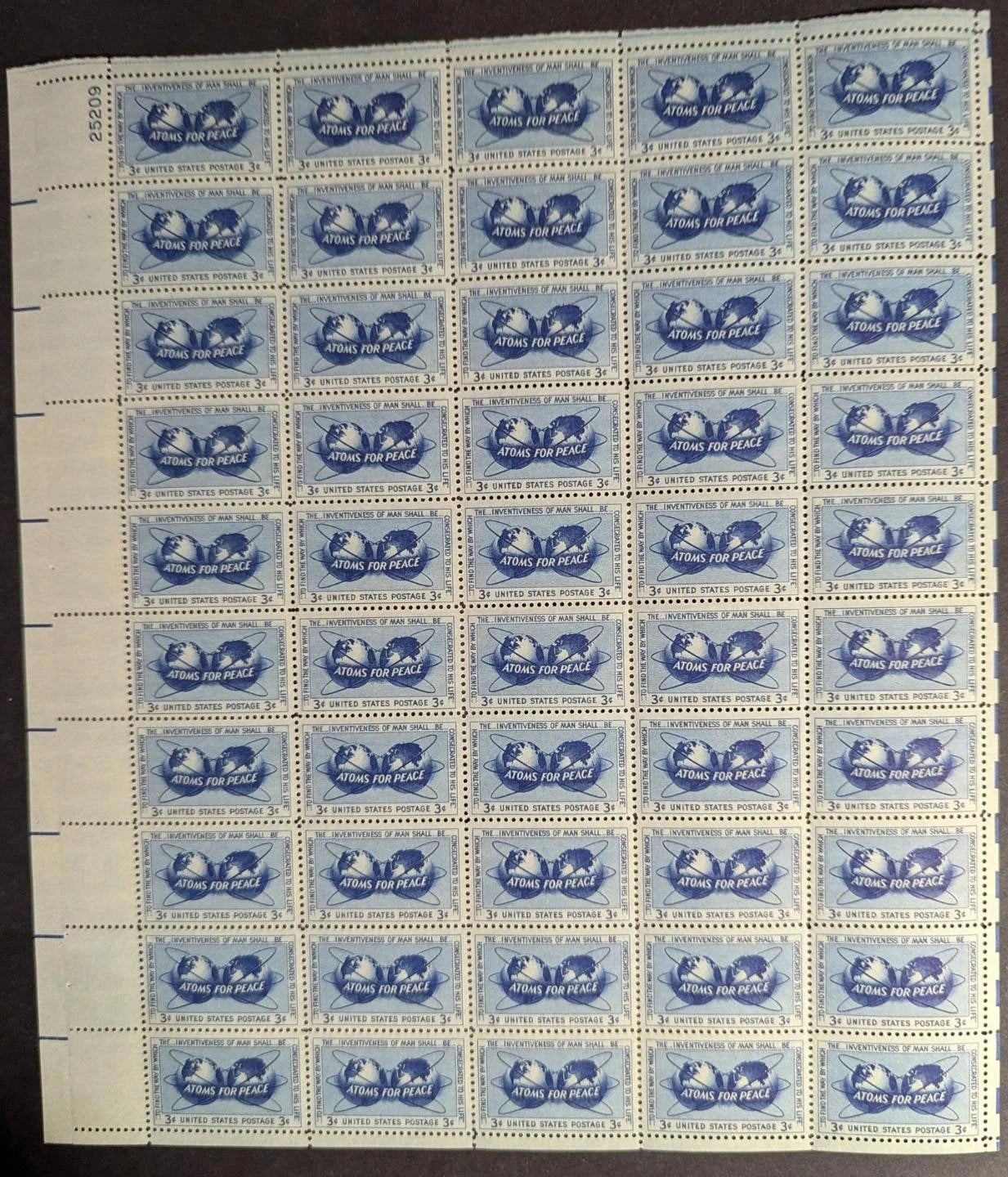 1955 USA 3c Atoms Peace Sheet -Scott 1070 -MNH, Undisturbed OG - No Sig Flaws