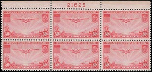 c1937 - #C22 50c China Clipper Plate # Block of 6 - MNH, Undist OG -Centering!