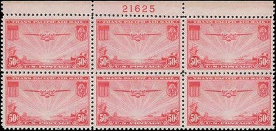 c1937 - #C22 50c China Clipper Plate # Block of 6 - MNH, Undist OG -Centering!