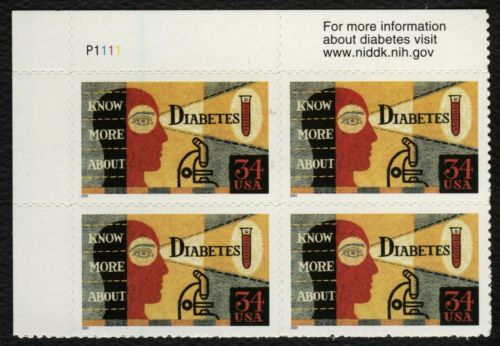 2001 Diabetes Awareness Plate Block of 4 34c Postage Stamps, Scott 3503, MNH, OG