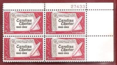 1963 Carolina Charter Plate Block Of 4 5c Postage Stamps - Scott 1230 - MNH,OG
