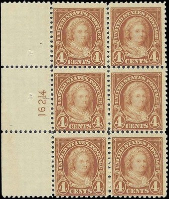 c1923 - Scott 556 M. Washington Plate Block of 6 - MNH, Undisturbed OG - Cat= $375