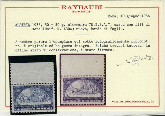 1933 Austria WIPA 50+50g Silk Thread Paper Mint NH Margin Raybaudi Cert