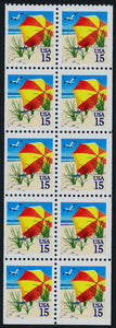 1990 Beach Umbrella Booklet Pane of Ten 15c Postage Stamps, Sc# 2443, MNH, OG