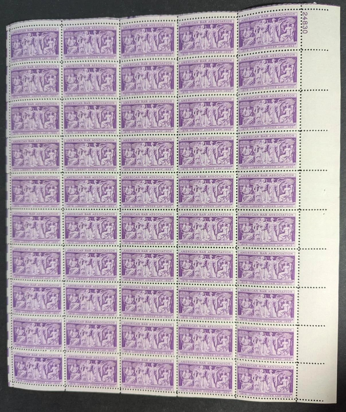 1953 USA American Bar 3c Sheet -Scott 1022 -MNH, Undisturbed OG -No Sig Flaws