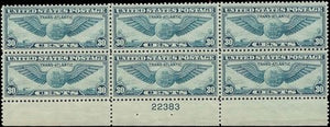 c1939 - #C24 30c Winged Globe Plate # Block of 6 - MNH, OG -Well Centered!