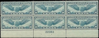 c1939 - #C24 30c Winged Globe Plate # Block of 6 - MNH, OG -Well Centered!