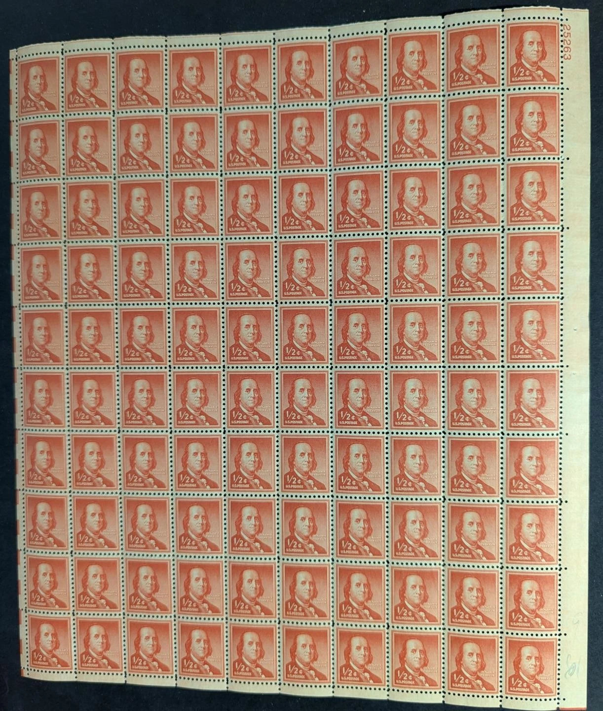 1954 USA Ben Franklin 1/2c Sheet -Scott 1030 -MNH, Undisturbed OG - No Sig Flaws