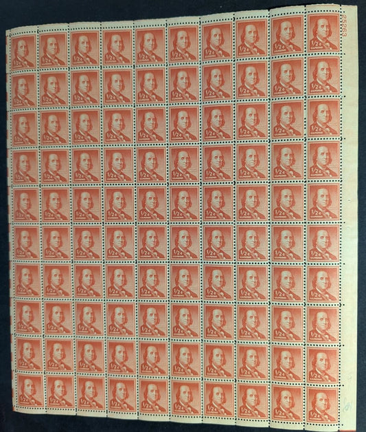 1954 USA Ben Franklin 1/2c Sheet -Scott 1030 -MNH, Undisturbed OG - No Sig Flaws