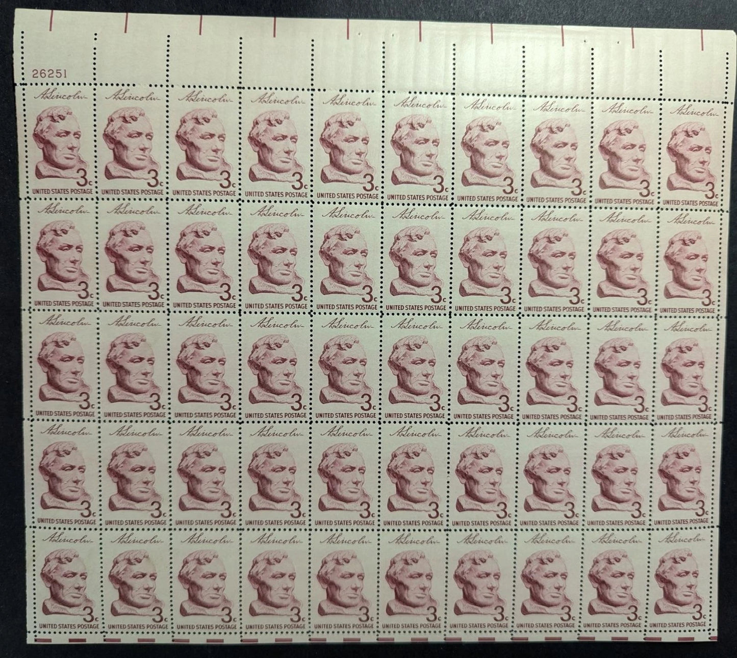 1959 USA 3c Abe Lincoln Sheet -Scott 1114 -MNH, Undisturbed OG -No Sig Flaws