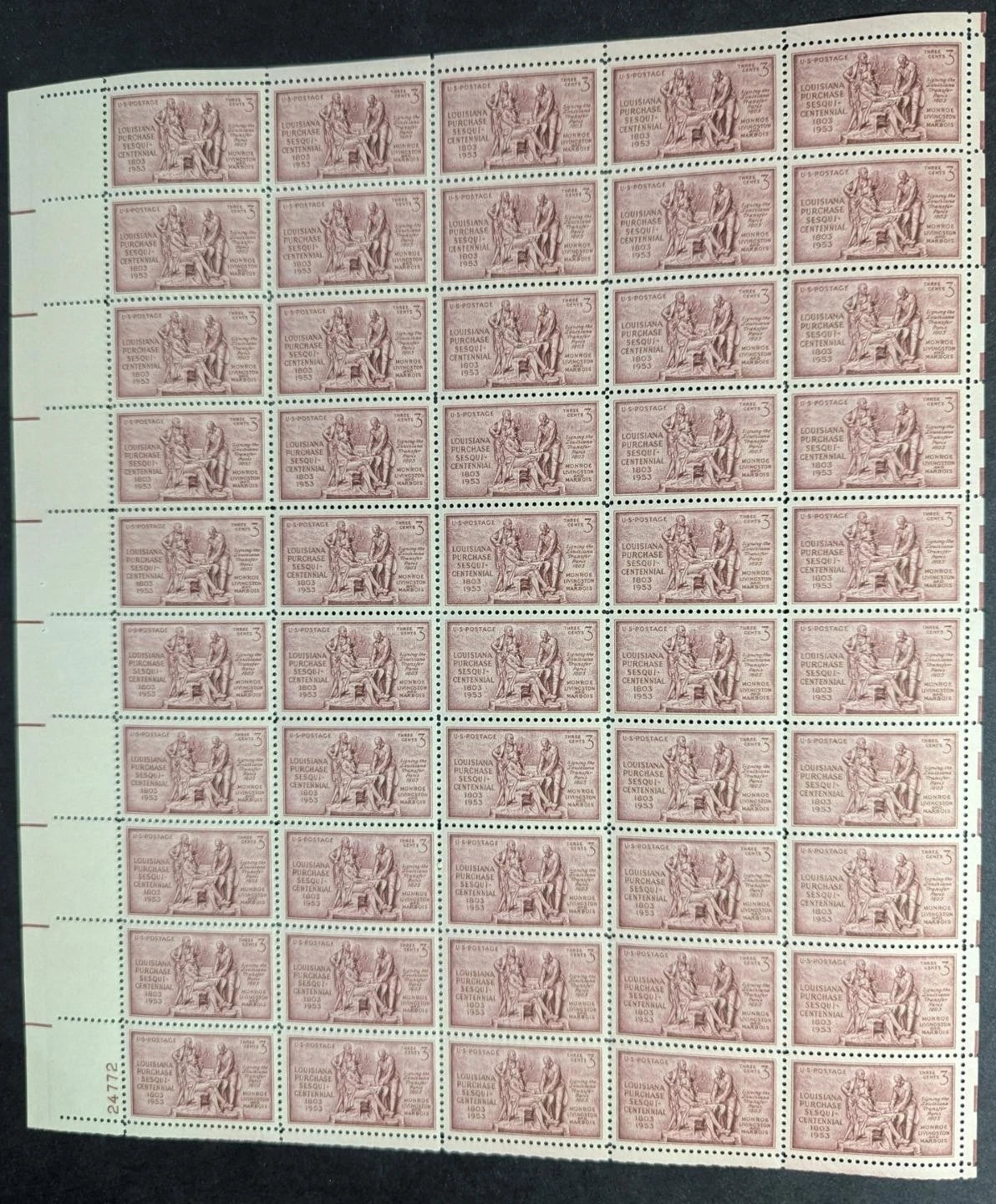 1953 USA Louisiana Purch 3c Sheet -Scott 1020 -MNH, Undisturbed OG -No Sig Flaws