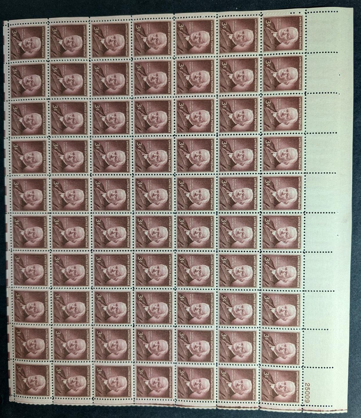1954 USA 3c Eastman Sheet -Scott 1062 -MNH, Undisturbed OG - No Sig Flaws