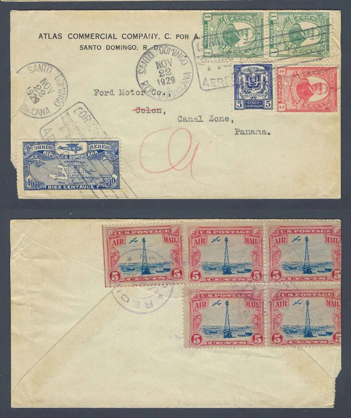 1929 Dominican Republic Airmail Cover Santo Domingo to Ford Motor Co Canal Zone