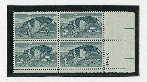 1962 Homestead Act Plate Block of 4 4c Postage Stamps, Scott 1198, MNH, OG