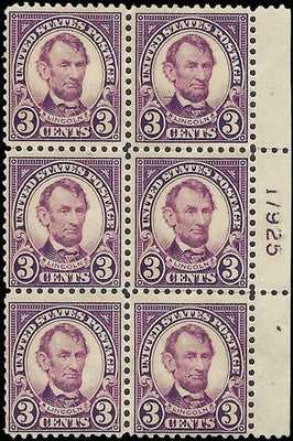 c1923 - #555 3c Lincoln Issue Plate Block of 6 - Mint - No Gum